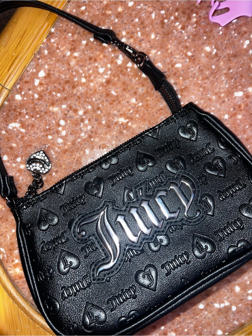 Juicy Couture Black Mini Gothic Embossed Heart Logo Purse